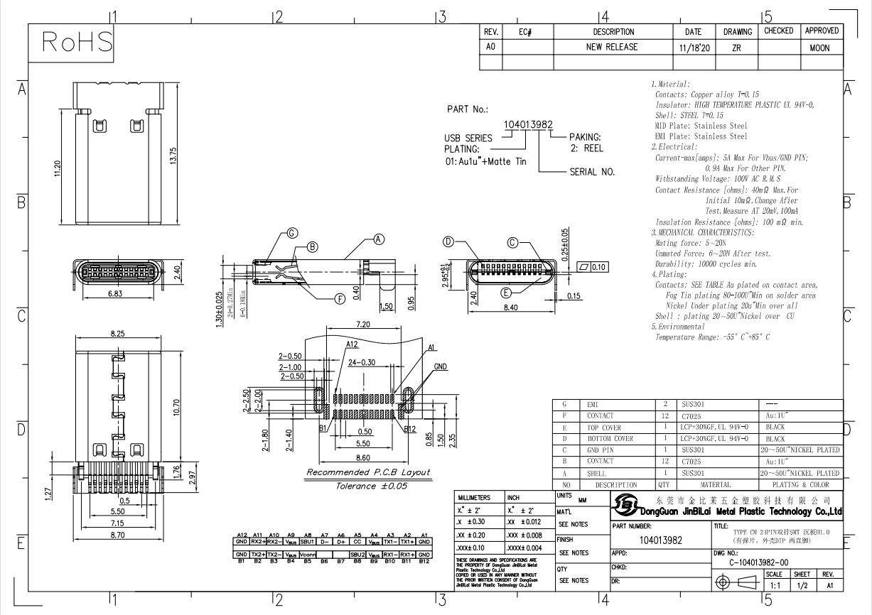 104013982-TYPE CM 24PIN雙排SMT 沉板H1.0(有彈片，外殼DIP兩直腳)